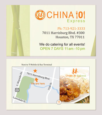 business card design for China 101 Express; Houston, TX, 2013