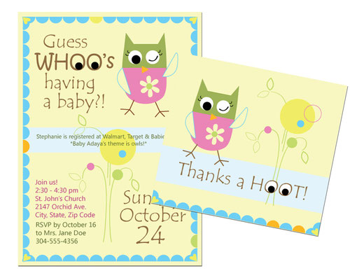Design #5: Guess Whoo baby shower invitation (5"x7") / Thank-you card (5"x4")