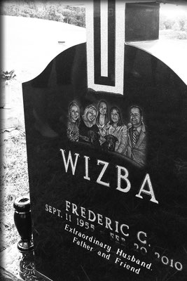 Hand-drawn portrait of Fred Wizba and family, etched onto his headstone at Mt. Calvary Cemetery, Wheeling, WV; June 2011