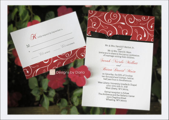 Design #6: Red Vine wedding invitation, 5"x7" with 5"x3.75" RSVP card