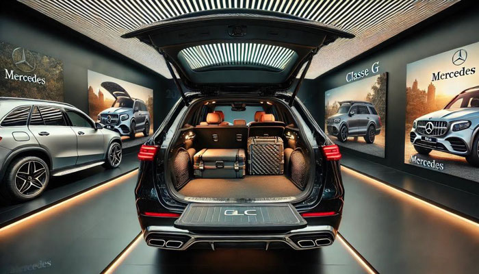 Exposition dans un showroom Mercedes 2024 avec des vues détaillées des espaces de coffre des modèles GLC, GLE et Classe G. Le GLC a son coffre ouvert et la plage-arrière est retirée, révélant un volume de 600L, aménagé pour un chargement polyvalent.