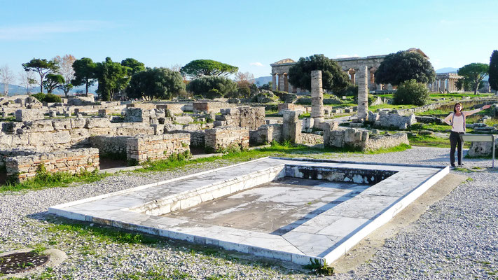 Die nach der Zeit der Griechen erbaute Römerstadt "Paestum" hat natürlich auch Spuren hinterlassen, wie dieses Wasserbecken und die umliegenden Ruinen zeigen.