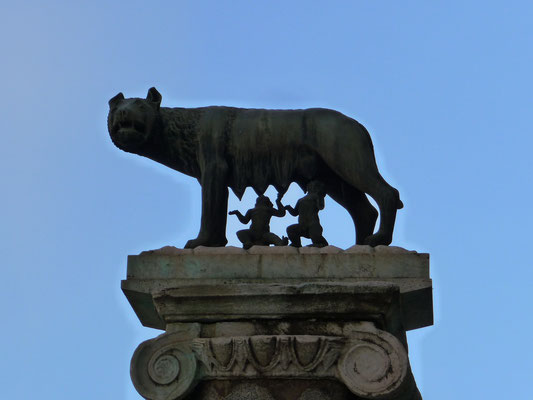 Bei der Aussichtsterrasse zum "Forum Romanum" kommt man an der bekannten Bronzefigur der "Kapitolinischen Wölfin" vorbei, die Romulus und Remus säugt, der Sage nach die "Gründer" von Rom im Jahre 753 v. Chr. 