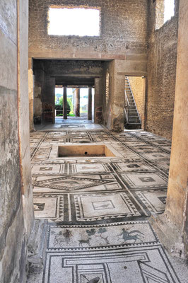 Im eigenen Haus speisen konnten nur gut situierten Bürger, für welche Sklaven arbeiten mussten. Einige dieser Villen Pompeji's können besichtigt werden. Wunderschöne Mosaike blieben sehr gut erhalten.