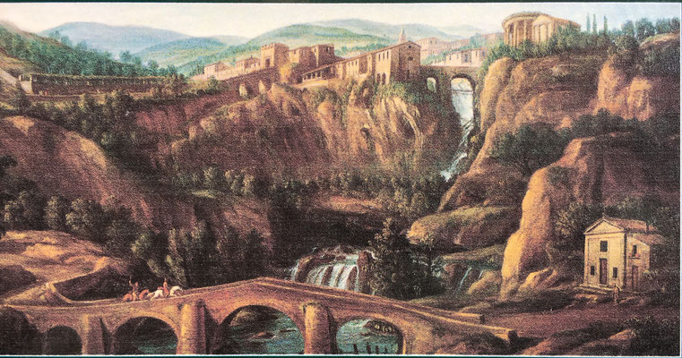 Ein frühes Bild der Stadt Tivoli auf welchem der Fluss "Aniene" noch ungestüm durch die Stadt floss.