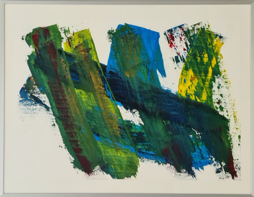Titel: Verbonden in groen, blauw en geel. 67 x 52 cm. Oil on paper April 2021. VERKOCHT/SOLD