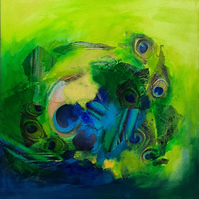 Peacock I, Collage auf Leinwand, 50x50 cm
