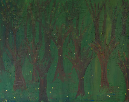 Glühwürmchen - Acryl auf Leinwand, phosphoreszierend (im Dunkeln leuchtend), 80x100 cm, 2023, U. Schachner