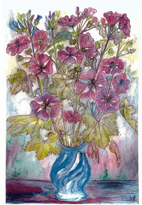 Vase mit Malven - Zeichnung koloriert, 20x30 cm, 2013, A. Kästner - VERKAUFT