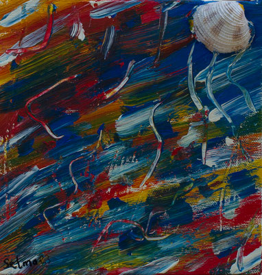 Kunterbunt am Strand - Acryl auf Leinwand, Collage, 20x20 cm, 2023, S. Grímsson