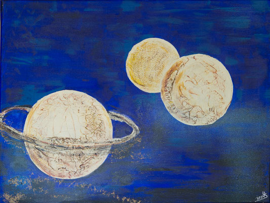 Planetary trio - Acryl auf Leinwand, phosphoreszierend (im Dunkeln leuchtend), 80x60 cm, 2024, U. Schachner