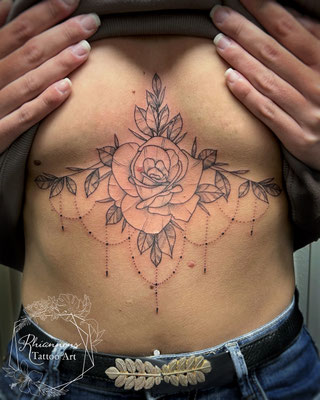 underboob sternum flower rose tattoo fineline