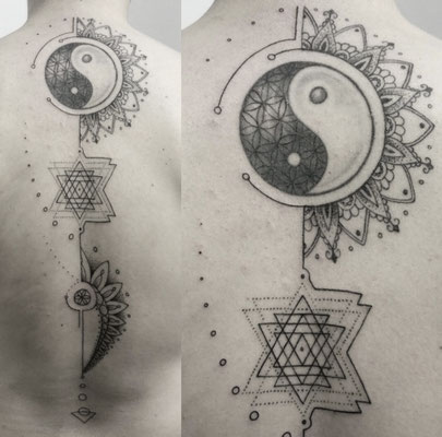 spine ornamental yin yang geometric fineline tattoo