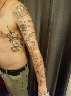 script text fineline tattoo fairytales sleeve 