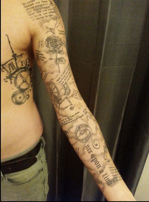script text fineline tattoo fairytales sleeve