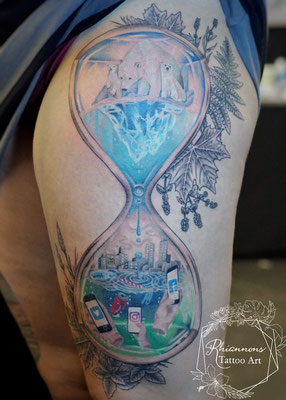 hourglass full color tattoo floral flowers materialism capitalism global warming