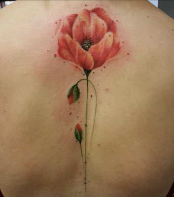 watercolour poppy flower spine tattoo full color