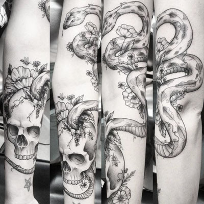 snake skull flower floral sleeve tattoo black and grey