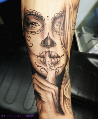 realistic female face shh black and grey tattoo