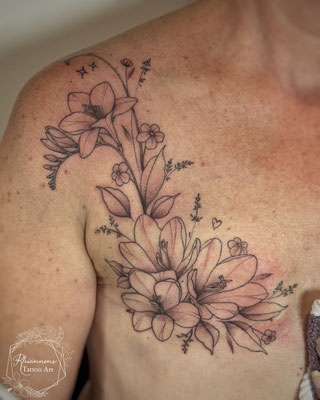 Mastectomy scar cover up fresia floral flower fineline tattoo