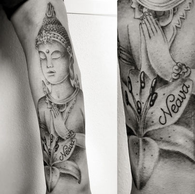buddha flower praying black and grey tattoo