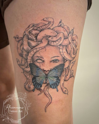 medusa snake butterfly thigh tattoo color black and grey