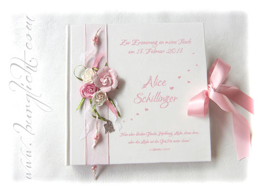 Gästebuch Taufe Mädchen mit filigranem Buchschmuck Papierrosen Engel