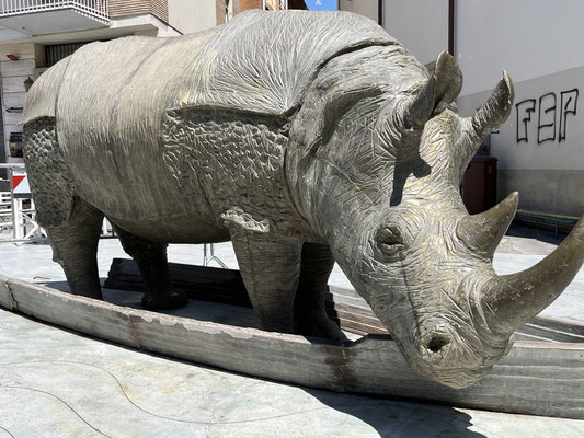 Wir kommen am Fellini Museum vorbei und bestaunen dieses Nashorn.