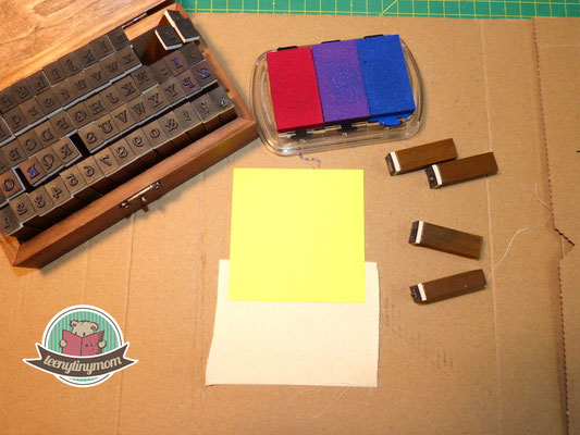 small stamps set and fabric. I use a post-it as ruler for the stamp. 