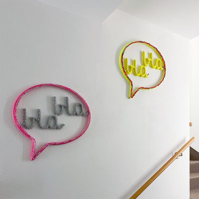 Barbara Reck-Irmler · Sprechblasen bla bla · 2025 · Textil, Schichtholz · je 55 x 57 x 3 cm