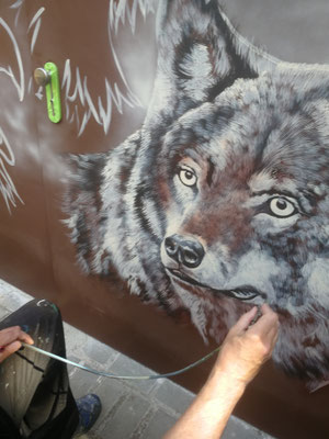 Graffiti / Airbrush / Auftragsmalerei an Trafohaus Stromhaus alter Bauerhof. Wandbemalung Altbau