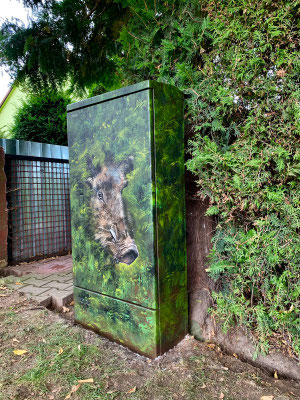 Ein exotischer Farbklecks im grauen Alltag: Diese leuchtende Wandmalerei verwandelt einen unscheinbaren Verteilerkasten in ein urbanes Highlight, das Passanten ein Lächeln ins Gesicht zaubert.