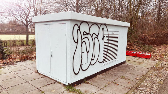 Großflächiges Graffiti-Mural auf einem Trafohaus mit riesiger Hibiskusblüte. Professionelle Fassadengestaltung zur Stadtverschönerung, als Dienstleistung von Appolloart bundesweit verfügbar.