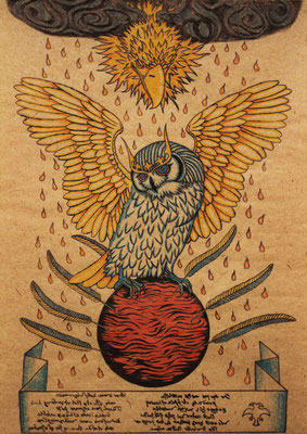 mystic owl　　2015　420×295　樹脂版ドライポイント、手彩色　杉皮紙、水性インク　●