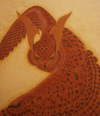 owl warrior -KANZAN-　　2014　F10 (53×44.5)　土佐麻紙、植物染料、顔料　●