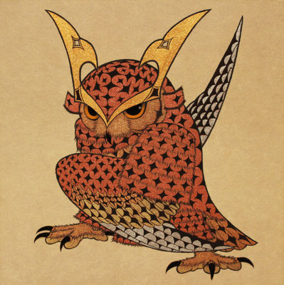 owl warrior -BATTOU-　　2016　S0　神郷紙、着色雲母、植物染料　●