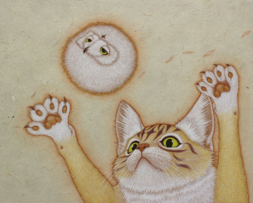 けだまんぱさらんをつかまえろ　　2023　F3　神宮紙、土絵具、胡粉、植物染料、墨　⚫︎