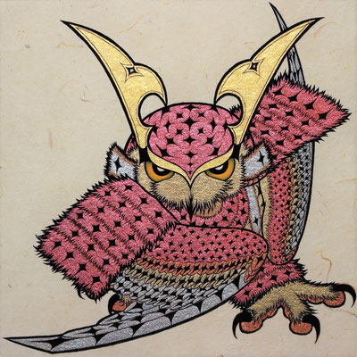 owl warrior -BATTOU- 改　　2019　S0　塵入楮紙、着色雲母、金泥、顔料　●
