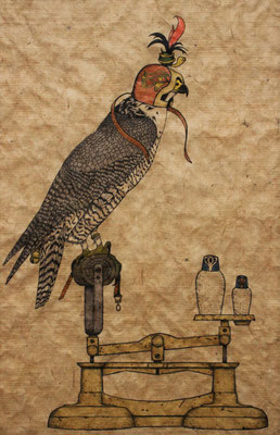 egyptian falcon　　2015　470×312　樹脂版ドライポイント、手彩色　雁皮紙(ブータン)、水性インク