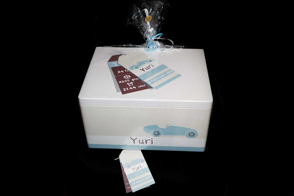 Het geboortekaartje nageschilderd op een bewaarbox