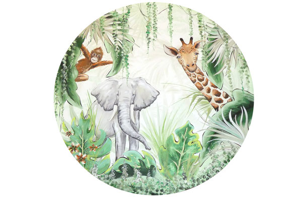 ronde jungle muurschildering boven ledikantje