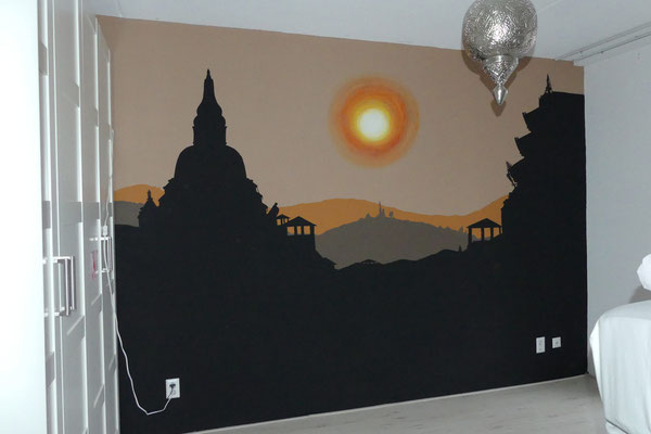 Muurschildering Nepal ouderslaapkamer 