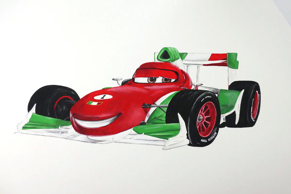Een muurschildering van een Cars auto voor op een stoere jongenskamer