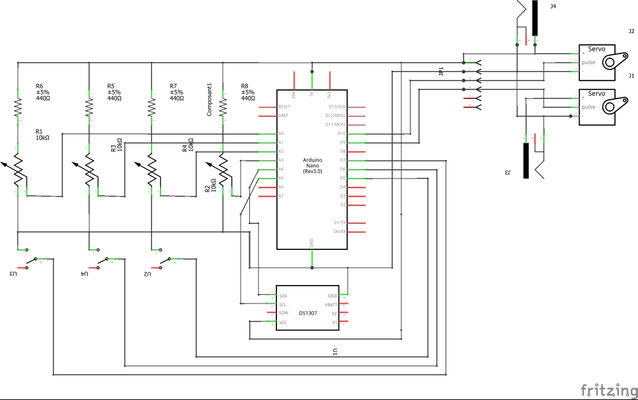 Schéma distributeur automatique - Arduino Nano RTC HZ 8563 - Servo moteur