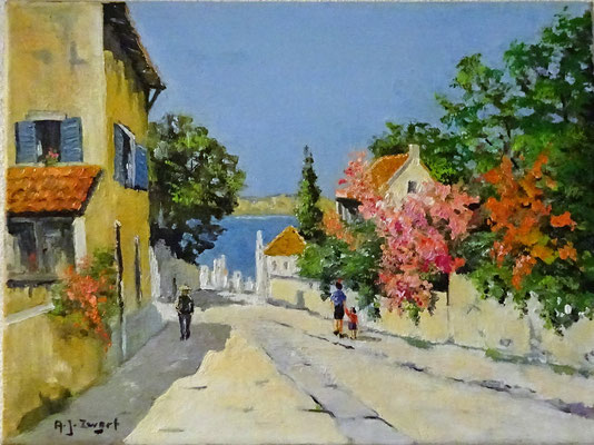 jA.J. Zwart. Olieverf op doek. Afm. 30cm x 40cm. Gesigneerd. Dit zonnige werkje is geschilderd in het jaar dat hij in Spanje (Ibiza) woonde. Prijs €450,-.