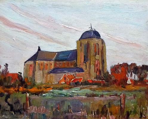 Alfons van Dijck. Grote Kerk te Veere, olieverf op paneel. Gesigneerd links onder. Te dateren circa 1950.  Afm. 21 x 27cm. Prijs € 1200,-