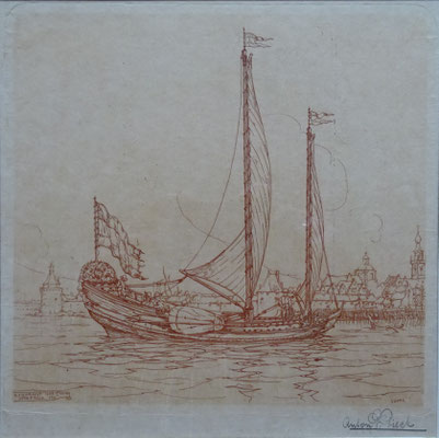 Anton Pieck Veere ets uit 1916, inkt: sanguine, potlood gesigneerd. Afm. etsplaat 19 x 19,5cm. Verkocht.