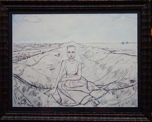  Jan Toorop, Zeeuws meisje in duinen van Domburg. Maat afbeelding: 18 x 24cm. Kopie uit de jaren '50. Verkocht.