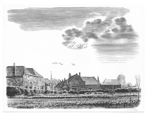 Dirk van Gelder Veere, houtgravure 'de Warwijckse straat'. Gesigneerd. Afmeting 10 x 13cm.