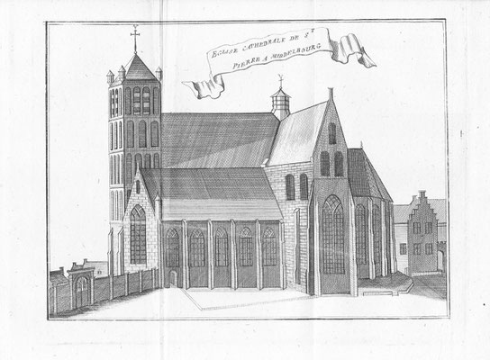 St. Pieterskerk Middelburg. 14 x 19cm. Kopergravure uit 'Les délices des Pais-Bas' uitgegeven door Jean-Baptiste & Petrus Foppens. 1786. € 25,- 